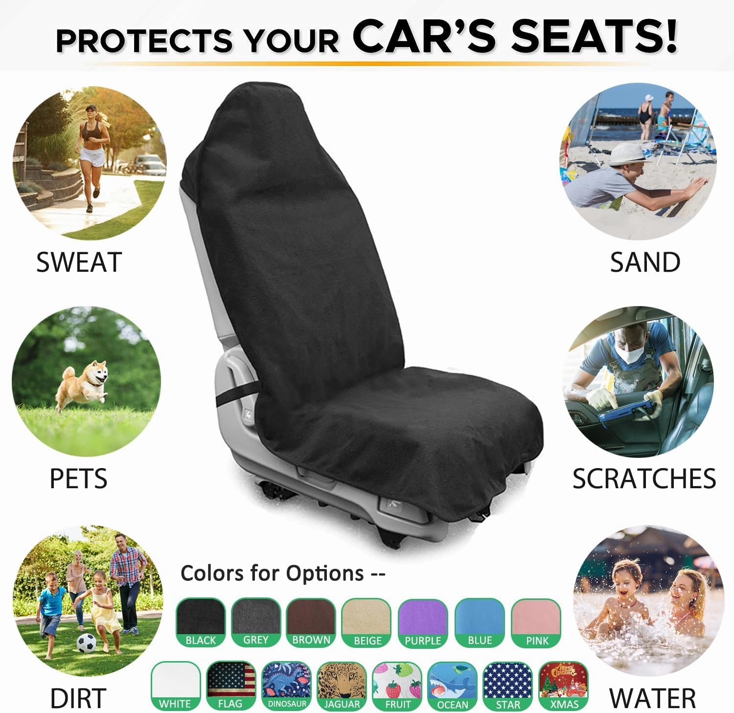 Waterproof Sweating Car Seat Cover for Post Gym Workout, Running, Swimming, Beach and Hiking, Universal Fit Non-Slip Bucket Seat Protector for Cars SUV Trucks, Machine Washable (2pcs Black)