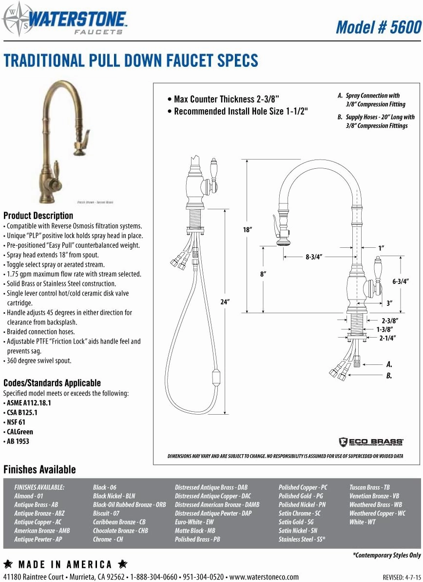 Waterstone 5600-ABZ Traditional Standard Reach PLP Pulldown Faucet Antique Bronze