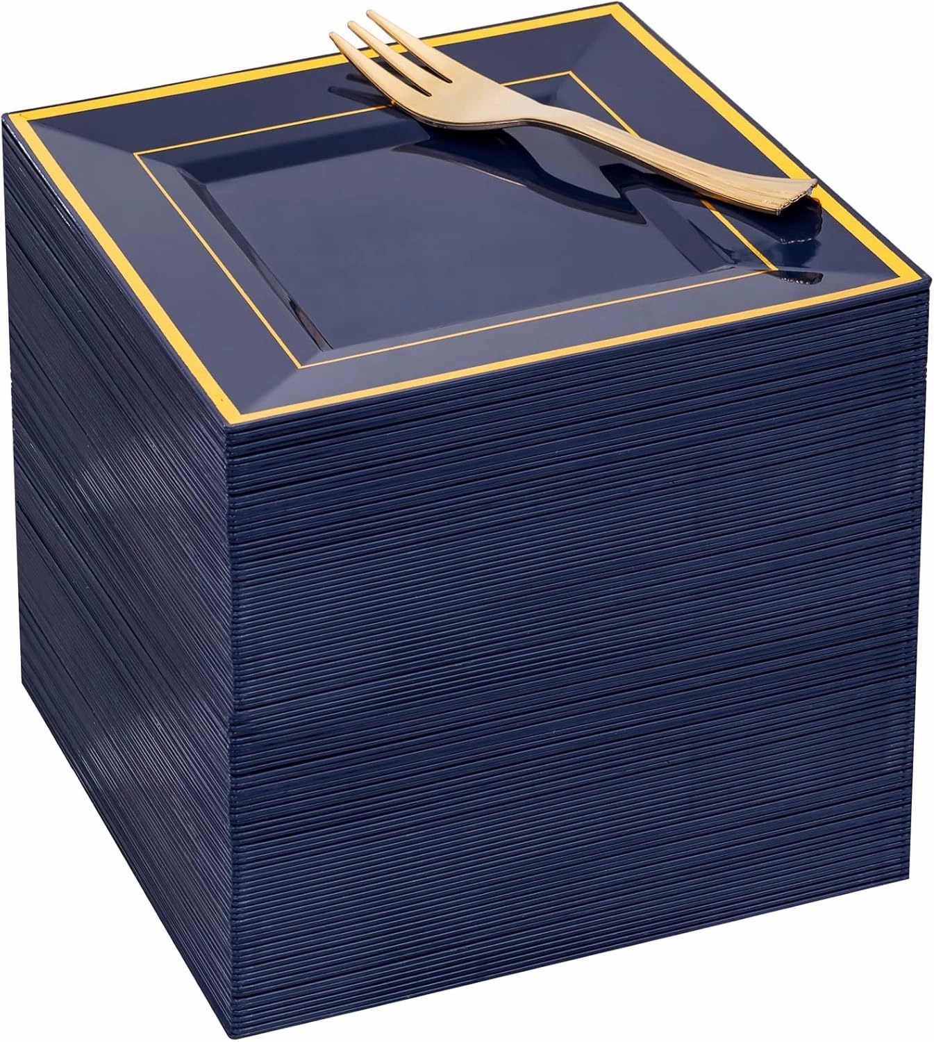 WDF 200PCS Blue Plastic Dessert Plates with Plastic Forks -6’’ 100 Square Disposable Appetizer Plates Small Cake Plates with Gold&100 Navy Blue Small Appetizer Forks for Father's Day/Memorial day