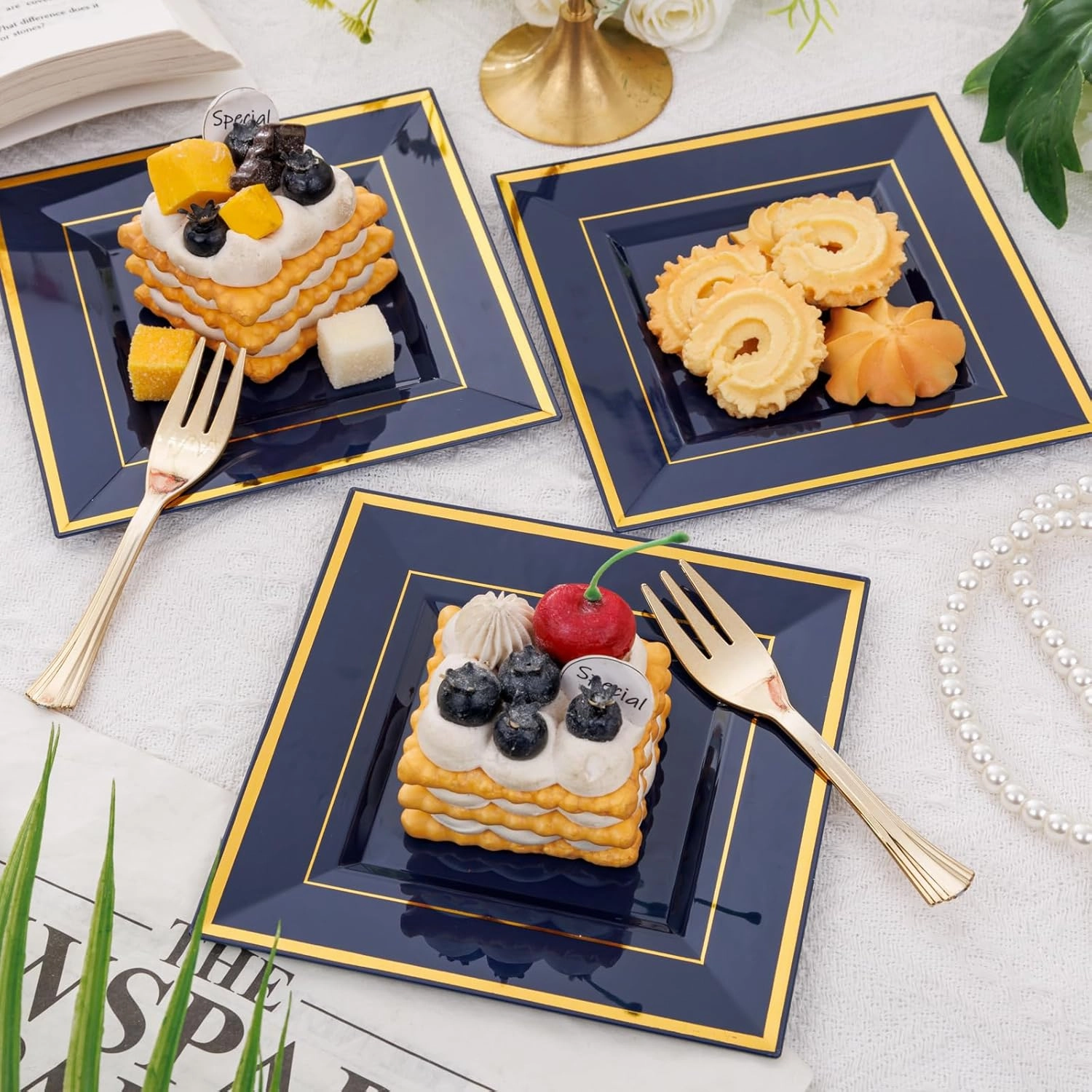 WDF 200PCS Blue Plastic Dessert Plates with Plastic Forks -6’’ 100 Square Disposable Appetizer Plates Small Cake Plates with Gold&100 Navy Blue Small Appetizer Forks for Graduation/Independence Day