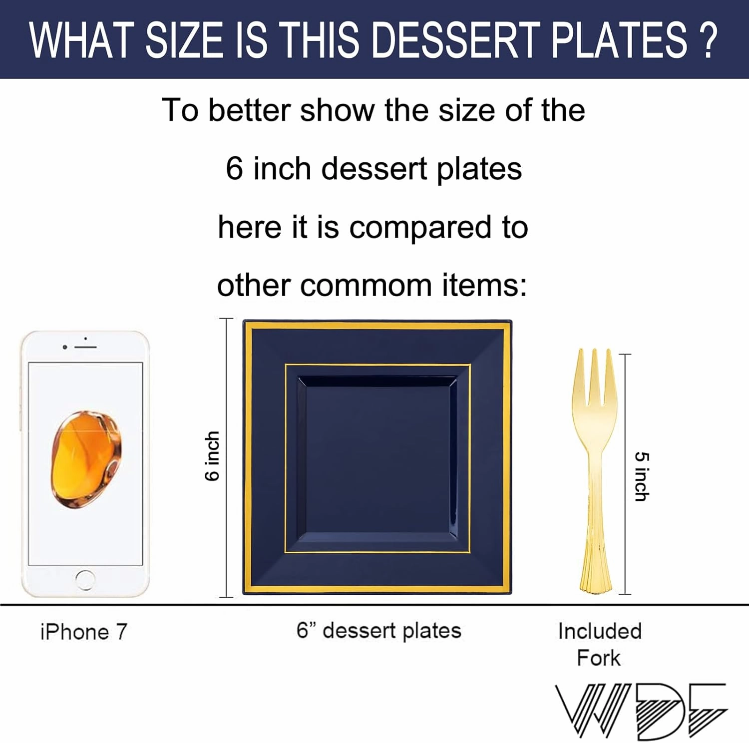 WDF 200PCS Blue Plastic Dessert Plates with Plastic Forks -6’’ 100 Square Disposable Appetizer Plates Small Cake Plates with Gold&100 Navy Blue Small Appetizer Forks for Graduation/Independence Day