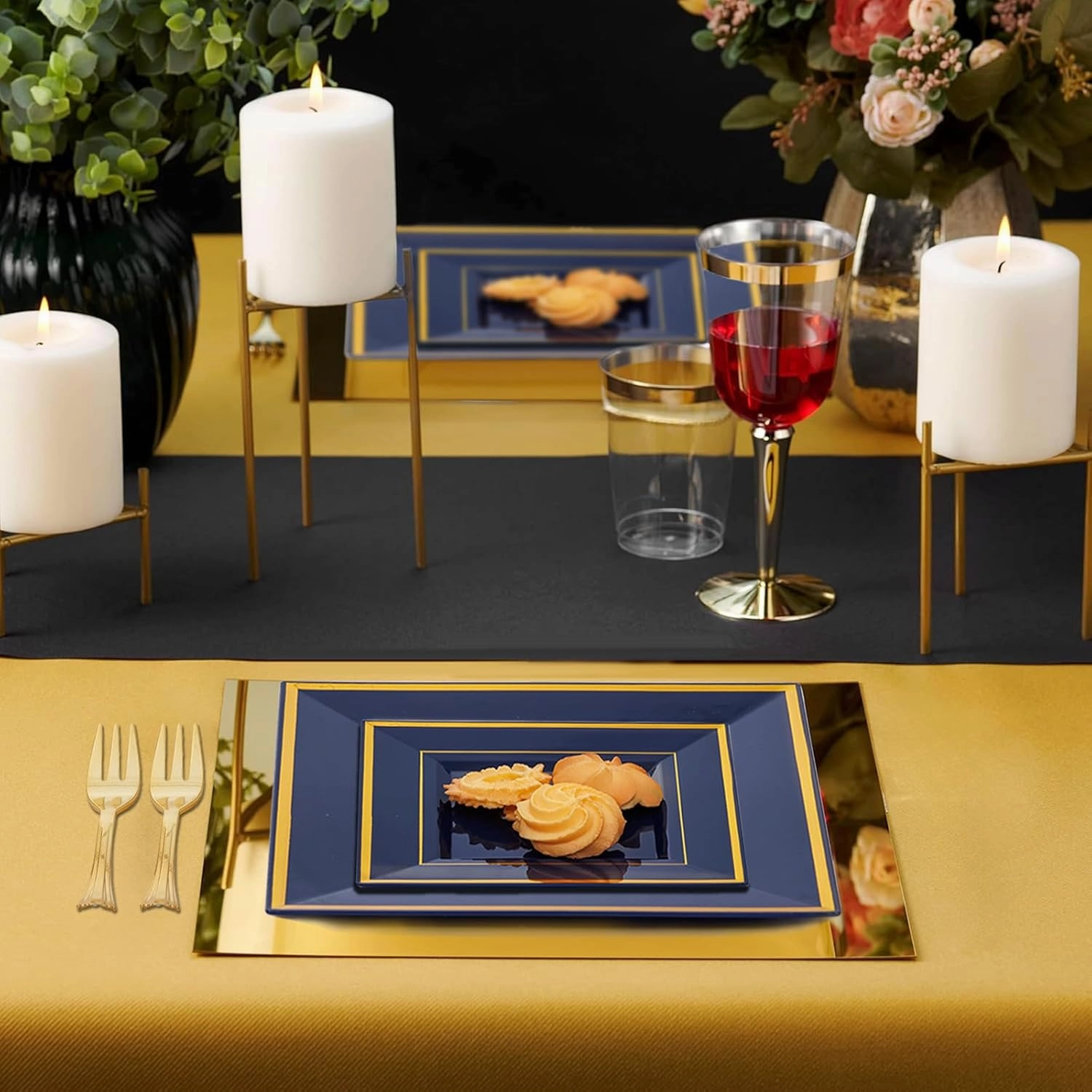 WDF 200PCS Blue Plastic Dessert Plates with Plastic Forks -6’’ 100 Square Disposable Appetizer Plates Small Cake Plates with Gold&100 Navy Blue Small Appetizer Forks for Graduation/Independence Day