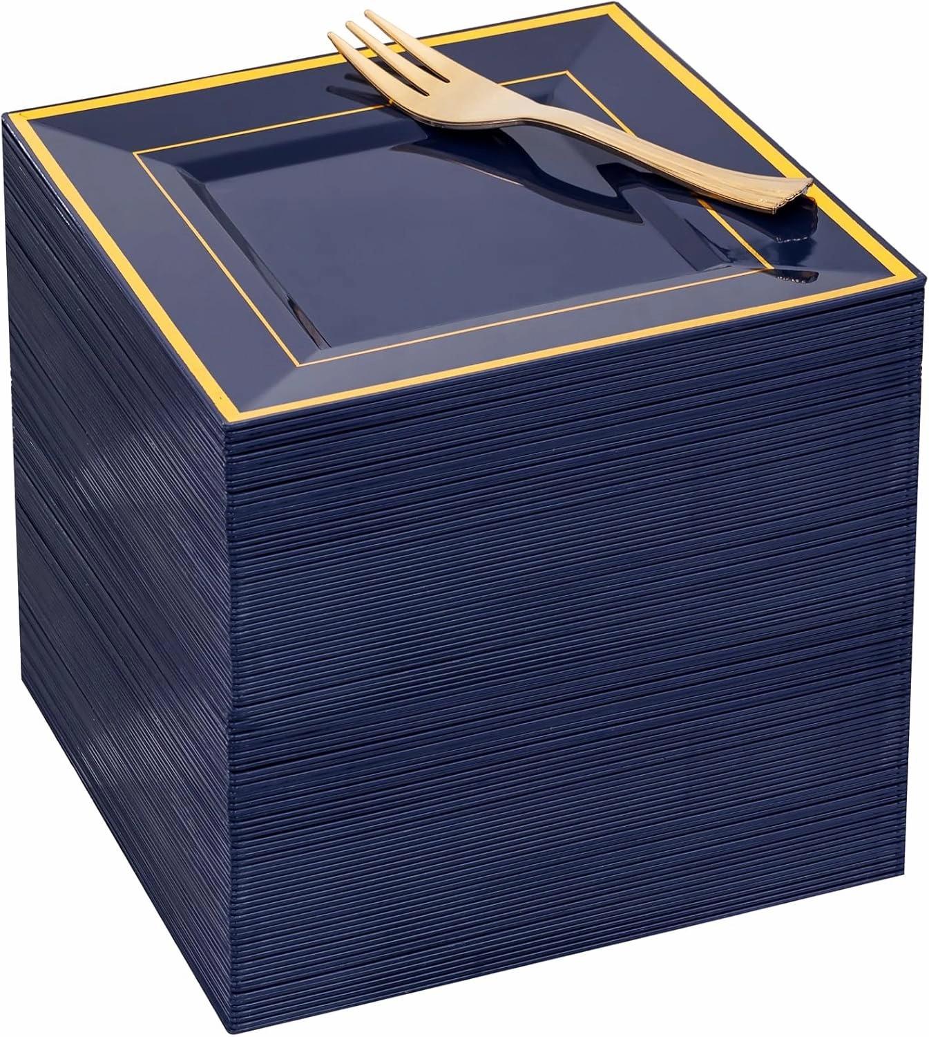 WDF 200PCS Blue Plastic Dessert Plates with Plastic Forks -6’’ 100 Square Disposable Appetizer Plates Small Cake Plates with Gold&100 Navy Blue Small Appetizer Forks for Graduation/Independence Day