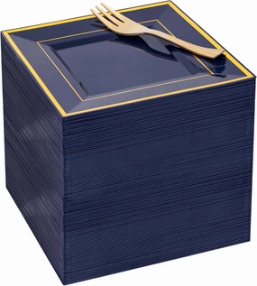 WDF 200PCS Blue Plastic Dessert Plates with Plastic Forks -6’’ 100 Square Disposable Appetizer Plates Small Cake Plates with Gold&100 Navy Blue Small Appetizer Forks for Graduation/Independence Day