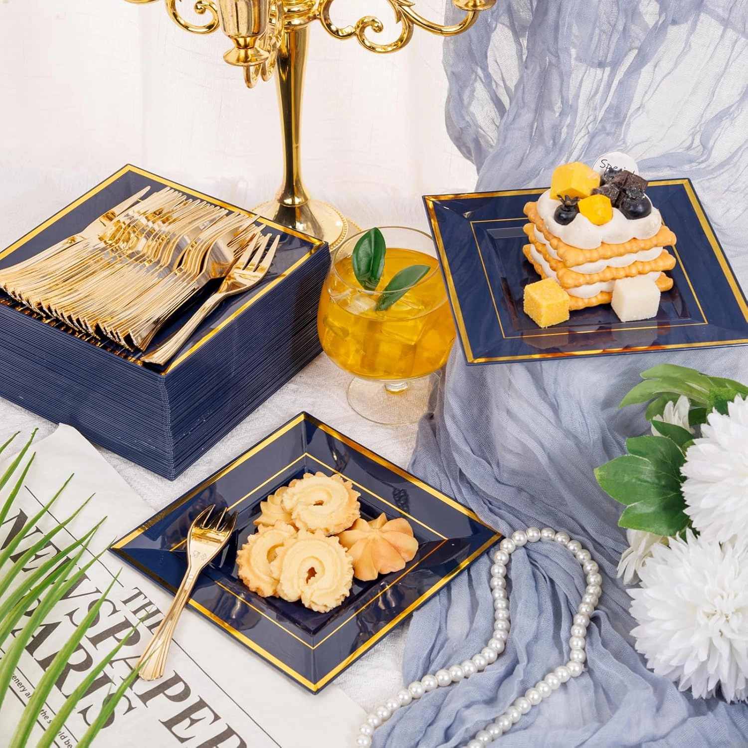 WDF 200PCS Blue Plastic Dessert Plates with Plastic Forks -6’’ 100 Square Disposable Appetizer Plates Small Cake Plates with Gold&100 Navy Blue Small Appetizer Forks for Graduation/Independence Day