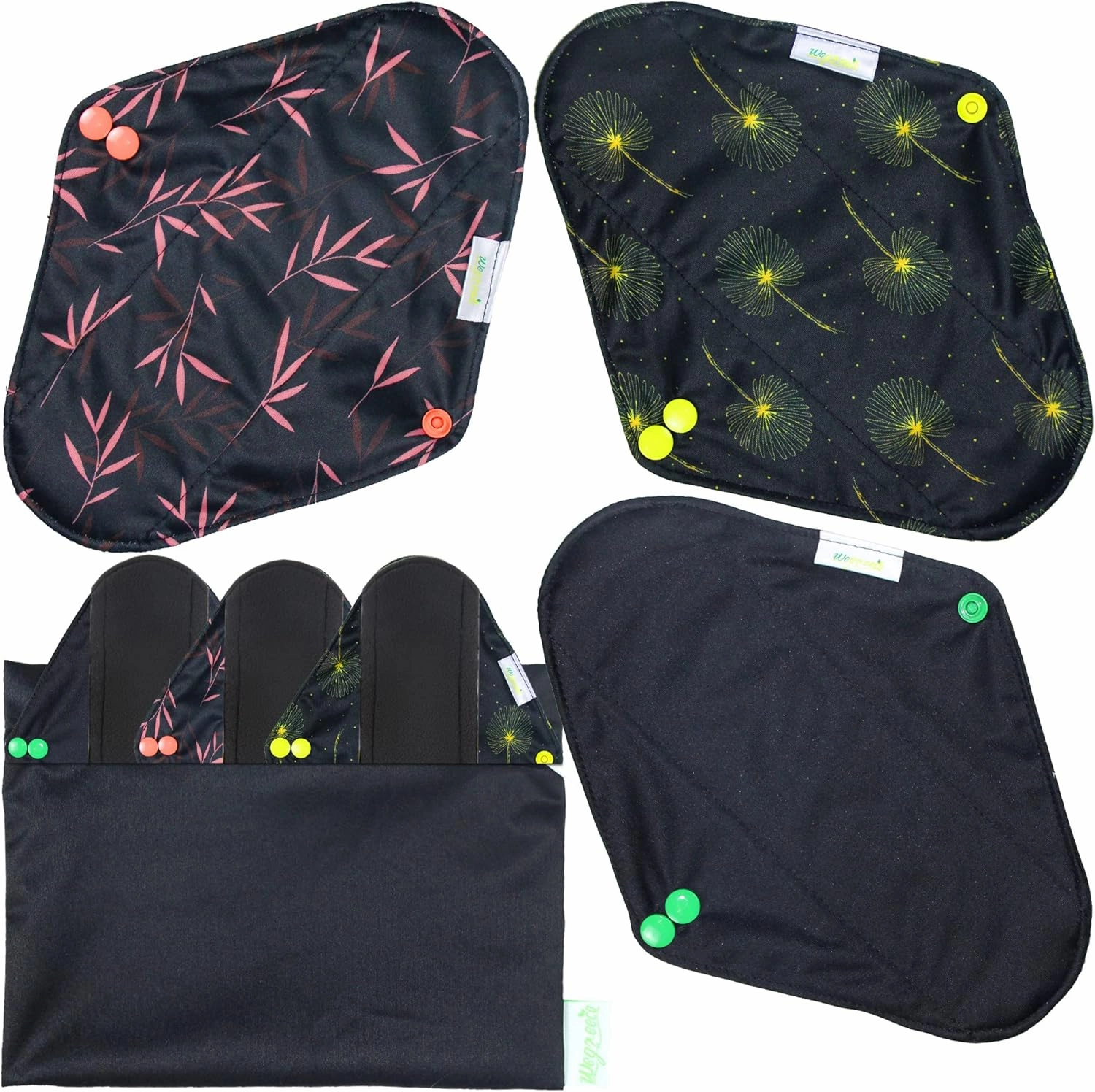 Wegreeco Reusable Menstrual Pads - Sanitary Pads and Panty Liners | Soft Cloth - 6 Pack With 1 Mini Wet Bag (Large, Dandelion)