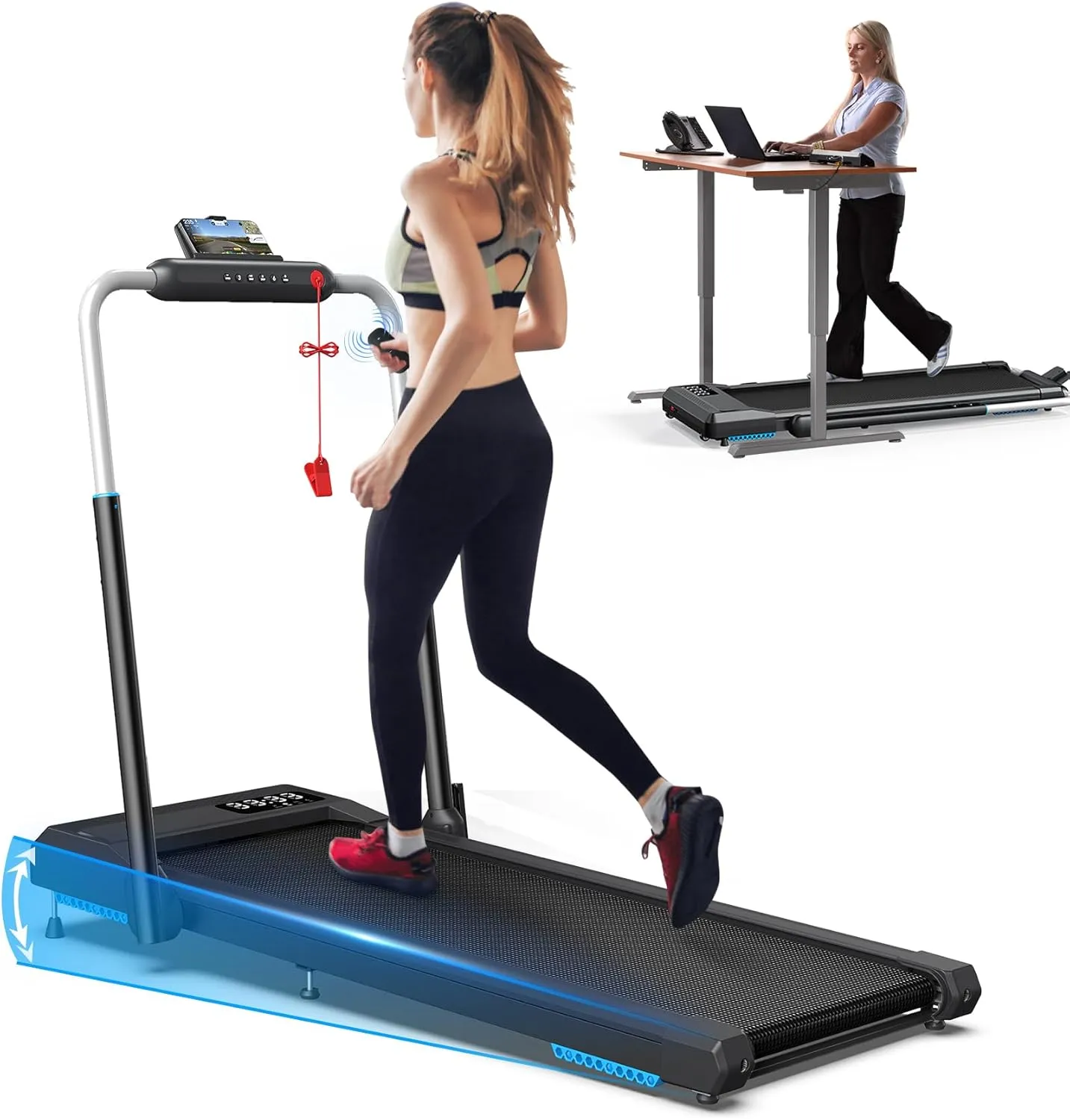 WELLFIT 10% Incline Treadmills for Home, Under Desk Walking Pad 330 lbs Weight Capacity, Foldable Treadmill for Small Space Apartment, Portable Easy to Move Upright Place, Long Stride, Space Saver