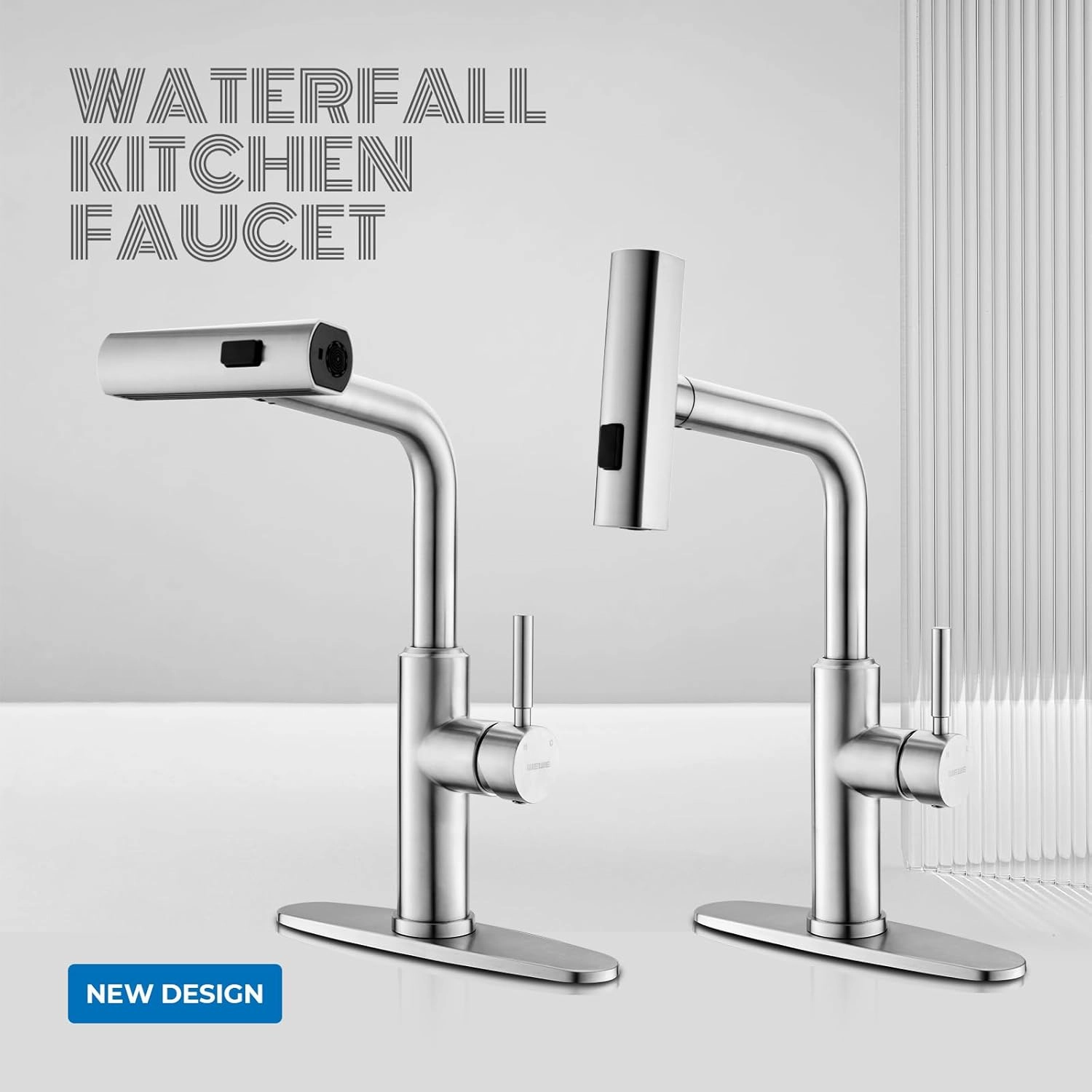 WEWE Waterfall Kitchen Faucet with Pull Down Sprayer, 3 Modes(Sweep/Stream/Waterfall) Rotary Switch Mode Stainless Steel Kitchen Sink Faucet Single Lever Handle Brushed Nickel Sink Fuacet