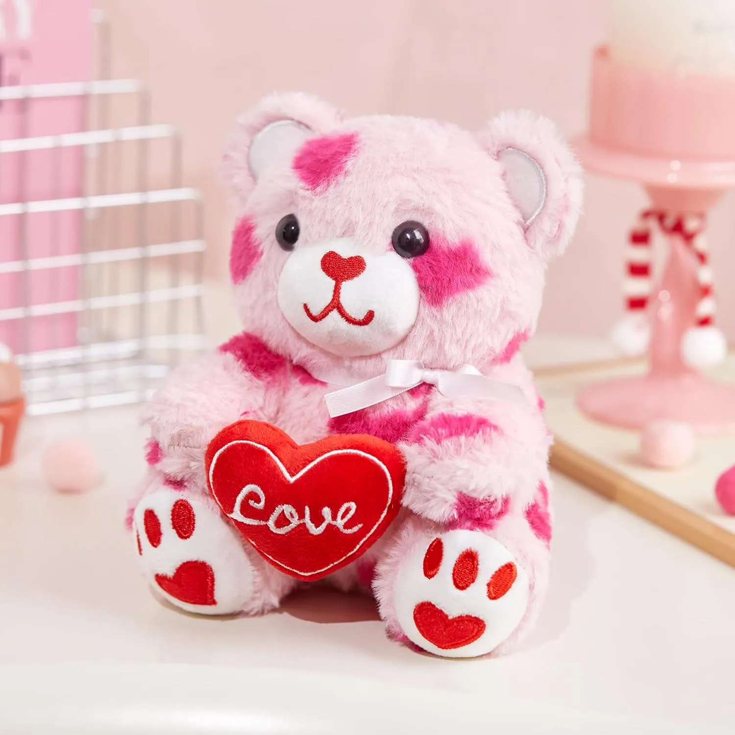 WEWILL Pink Valentines Teddy Bear Stuffed Animal with Love Heart 8 Inches Cute Love Bear Plush Toy Valentines Day Birthday for Toddler Kids Girls Girlfriend