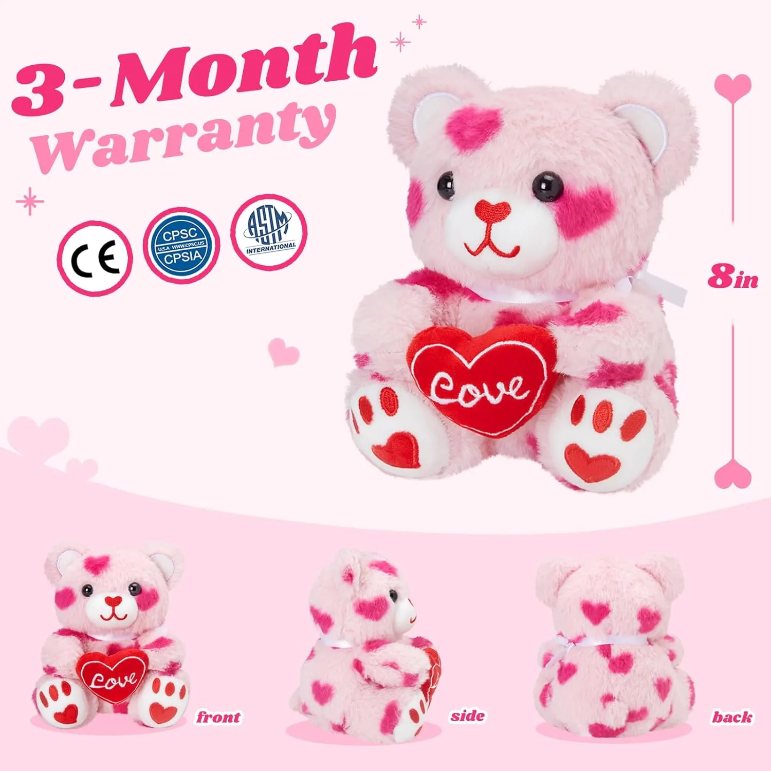 WEWILL Pink Valentines Teddy Bear Stuffed Animal with Love Heart 8 Inches Cute Love Bear Plush Toy Valentines Day Birthday for Toddler Kids Girls Girlfriend