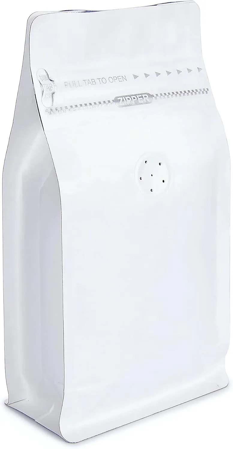 White Kraft Paper Stand Up Coffee Bag/Flat Bottom Coffee Pouch with One Way Degassing Valve and Reusable Side Zipper(Pull Tab to Open) (4oz, 0.25lb, 50 Pieces)