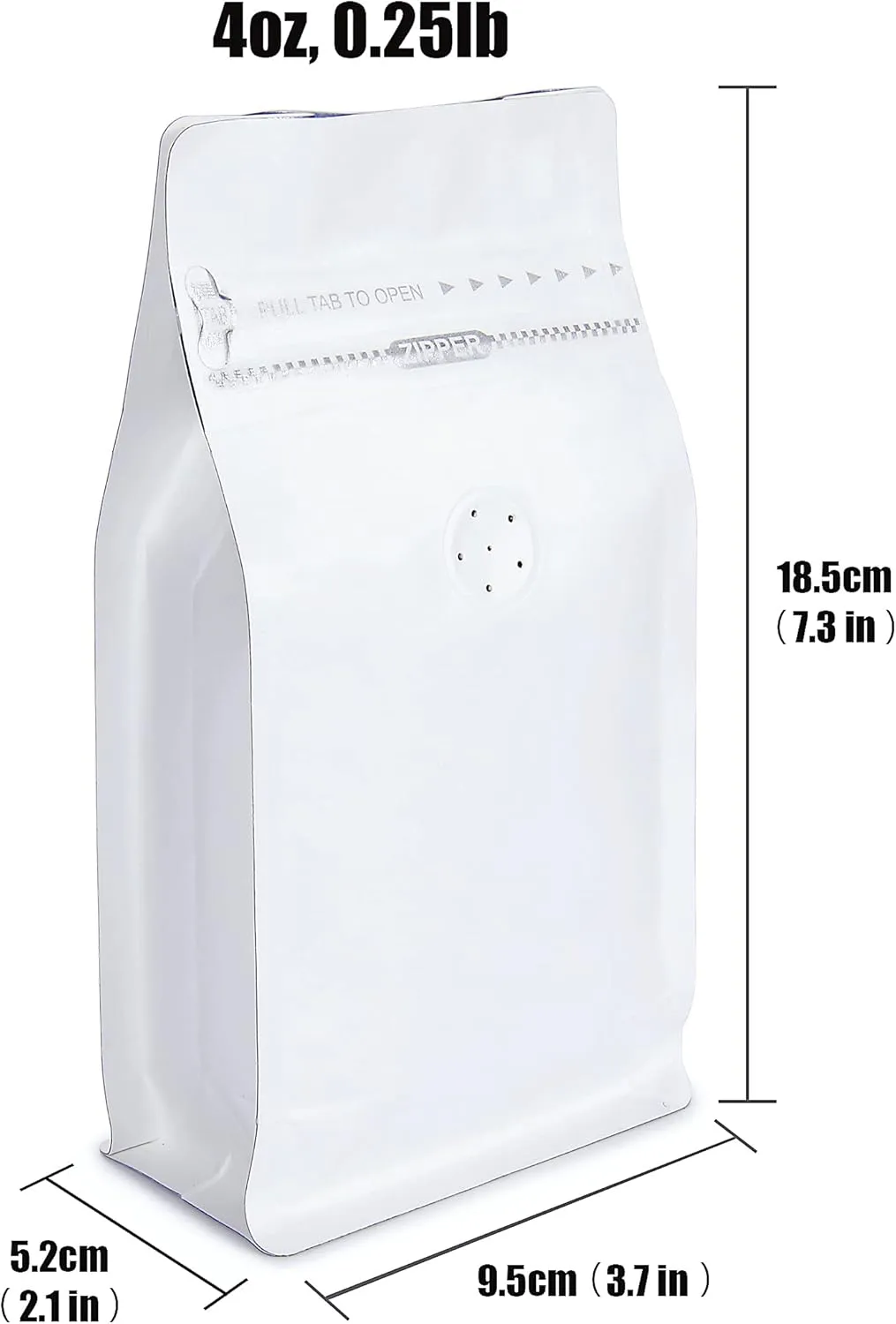 White Kraft Paper Stand Up Coffee Bag/Flat Bottom Coffee Pouch with One Way Degassing Valve and Reusable Side Zipper(Pull Tab to Open) (4oz, 0.25lb, 50 Pieces)