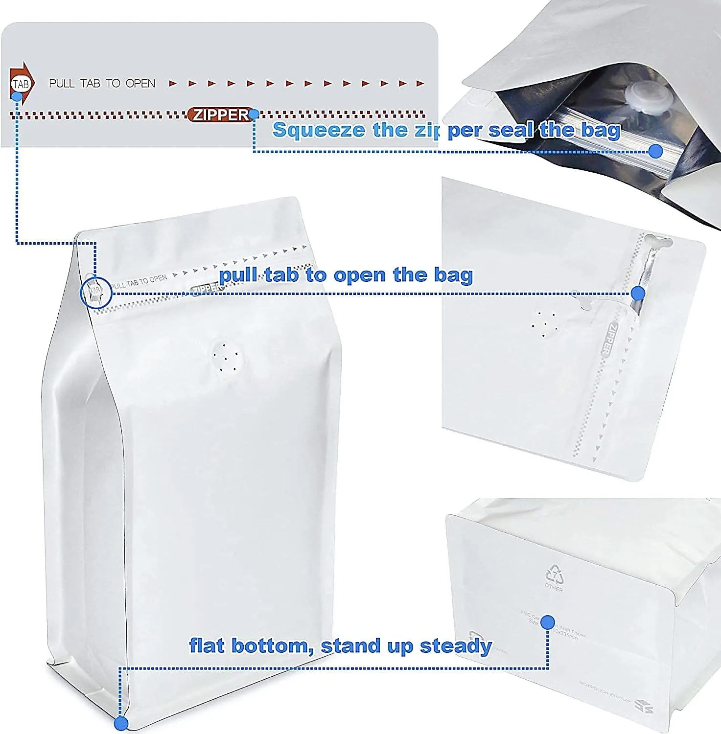 White Kraft Paper Stand Up Coffee Bag/Flat Bottom Coffee Pouch with One Way Degassing Valve and Reusable Side Zipper(Pull Tab to Open) (4oz, 0.25lb, 50 Pieces)