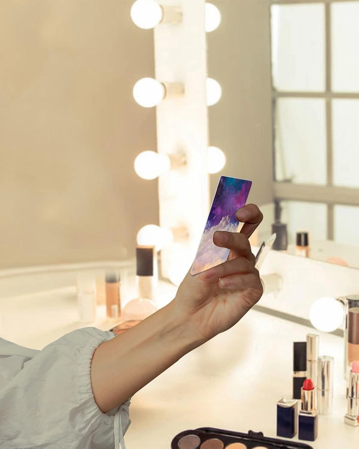 White Cloud Night Sky Small Compact Mirror for Purse, White Cloud Night Sky Travel Makeup Mirror for Women Men, Rectangular Handheld Compact Pocket Mirror 1 PCS
