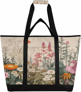 Wild Flower Reusable Insulated Lunchbox Cooler Bag, Leakproof Kitchen Grocery Bag Collapsible Portable Cooler Tote Bag for Picnic, Camping, Office, Travel