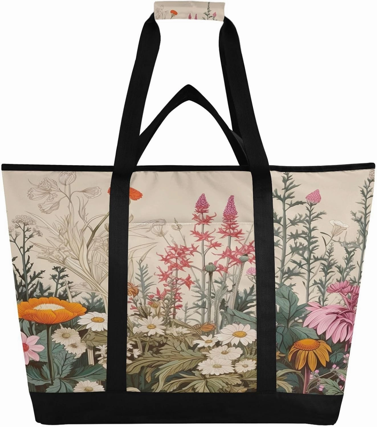Wild Flower Reusable Insulated Lunchbox Cooler Bag, Leakproof Kitchen Grocery Bag Collapsible Portable Cooler Tote Bag for Picnic, Camping, Office, Travel