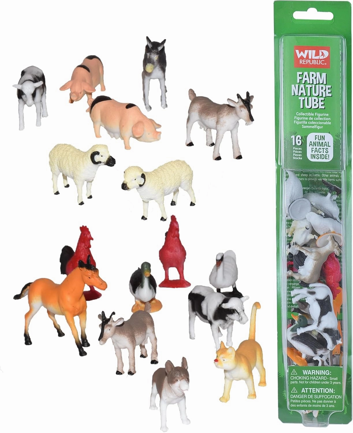 Wild Republic Farm Figurines Tube, Horse, Cow, Donkey, Duck, Sheep, Chicken, Rooster, Pig, Dog, Cat, Goat, 16 Piece playset, 1.5" to 3", Model:12883