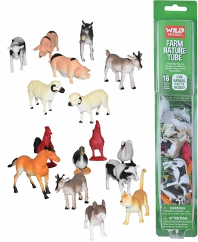 Wild Republic Farm Figurines Tube, Horse, Cow, Donkey, Duck, Sheep, Chicken, Rooster, Pig, Dog, Cat, Goat, 16 Piece playset, 1.5" to 3", Model:12883