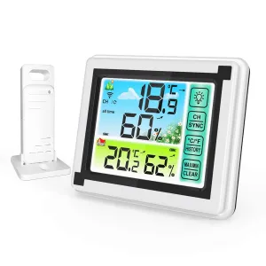 Wireless Weather Station Indoor Outdoor Thermometer with Remote Sensor, Digital Temperature and Humidity Monitor with LCD Backlight, Touchscreen, Min/Max Records for Home, Office, Baby Room