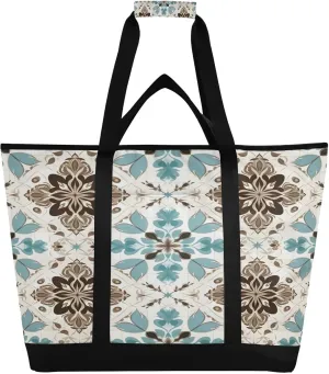 Wntage Floral Ceramic Print Reusable Insulated Lunchbox Cooler Bag, Leakproof Kitchen Grocery Bag Collapsible Portable Cooler Tote Bag for Picnic, Camping, Office, Travel