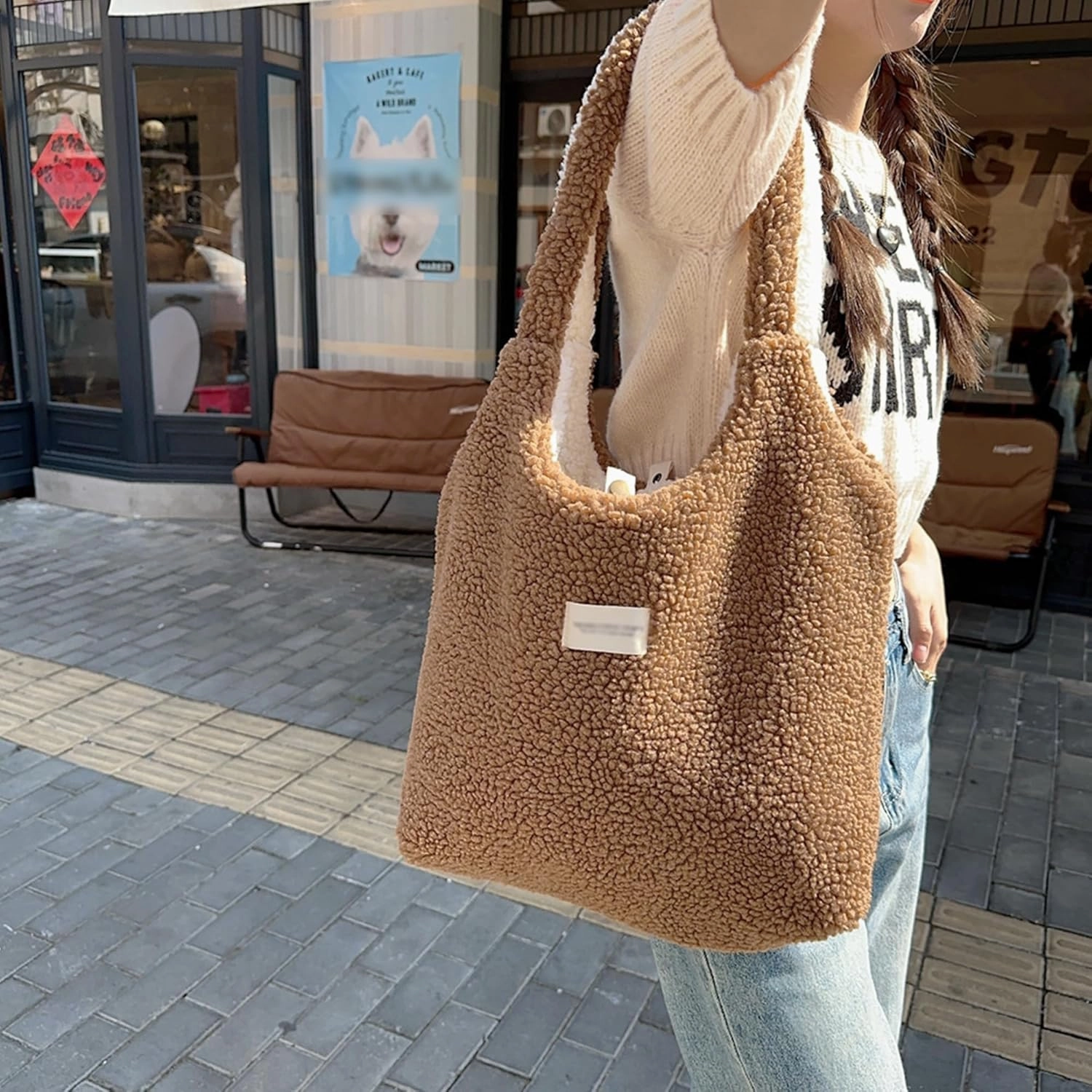 Women Ladies Cute Bear Plush Shoulder Bag Large Tote Handbag Purse Faux Fur Shopping Dating Bag