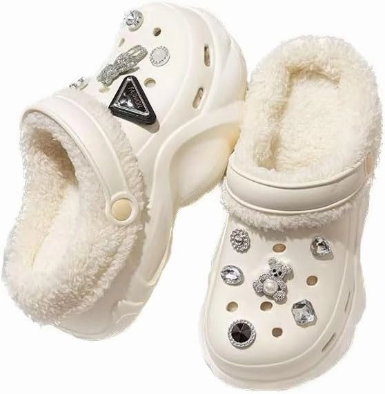 Women's DIY Crystal Bear Platform Lined & Detachable Lined Clogs - Winter Warm Wedge Anti Slip Indoor & Outdoor Comfortable Clogs