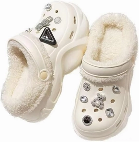 Women's DIY Crystal Bear Platform Lined & Detachable Lined Clogs - Winter Warm Wedge Anti Slip Indoor & Outdoor Comfortable Clogs