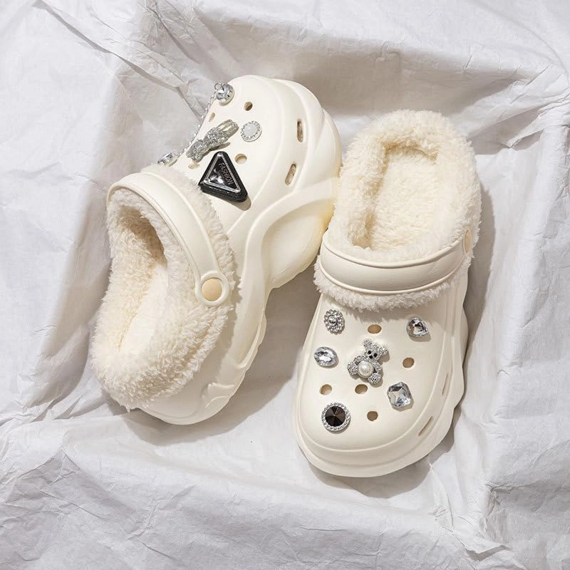 Women's DIY Crystal Bear Platform Lined & Detachable Lined Clogs - Winter Warm Wedge Anti Slip Indoor & Outdoor Comfortable Clogs