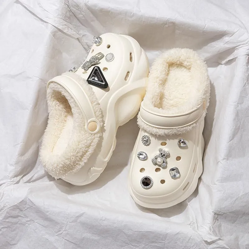 Women's DIY Crystal Bear Platform Lined & Detachable Lined Clogs - Winter Warm Wedge Anti Slip Indoor & Outdoor Comfortable Clogs