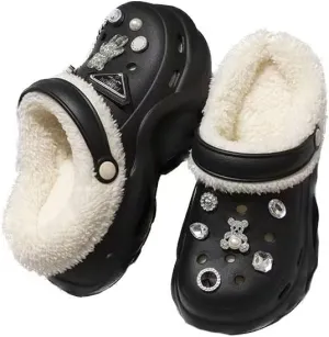 Women's DIY Crystal Bear Platform Lined & Detachable Lined Clogs - Winter Warm Wedge Anti Slip Indoor & Outdoor Comfortable Clogs