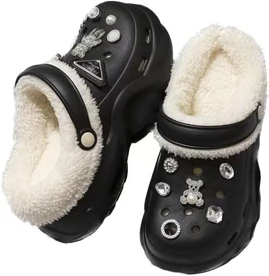 Women's DIY Crystal Bear Platform Lined & Detachable Lined Clogs - Winter Warm Wedge Anti Slip Indoor & Outdoor Comfortable Clogs