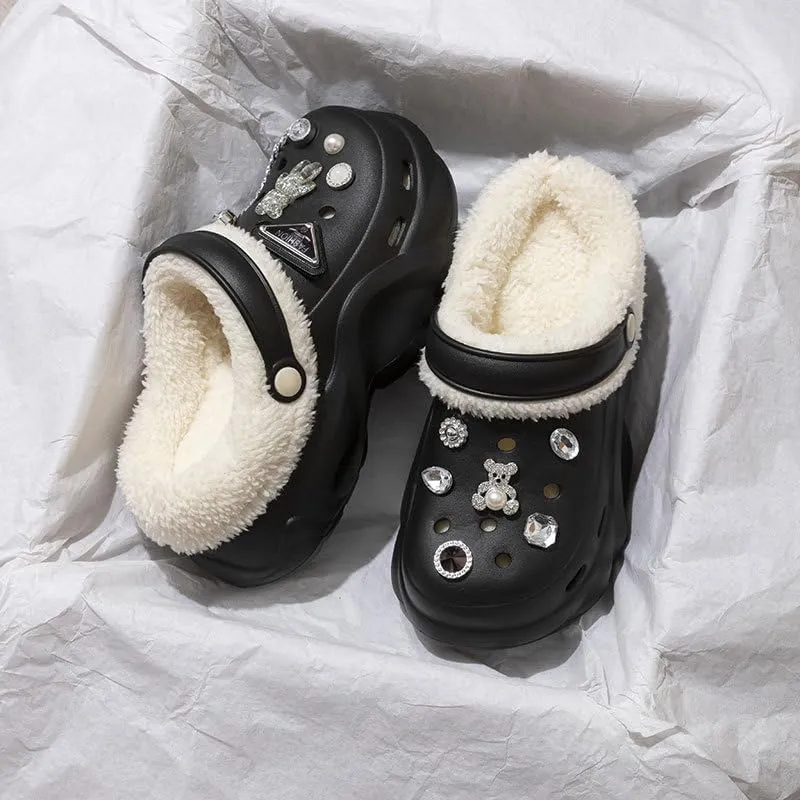 Women's DIY Crystal Bear Platform Lined & Detachable Lined Clogs - Winter Warm Wedge Anti Slip Indoor & Outdoor Comfortable Clogs