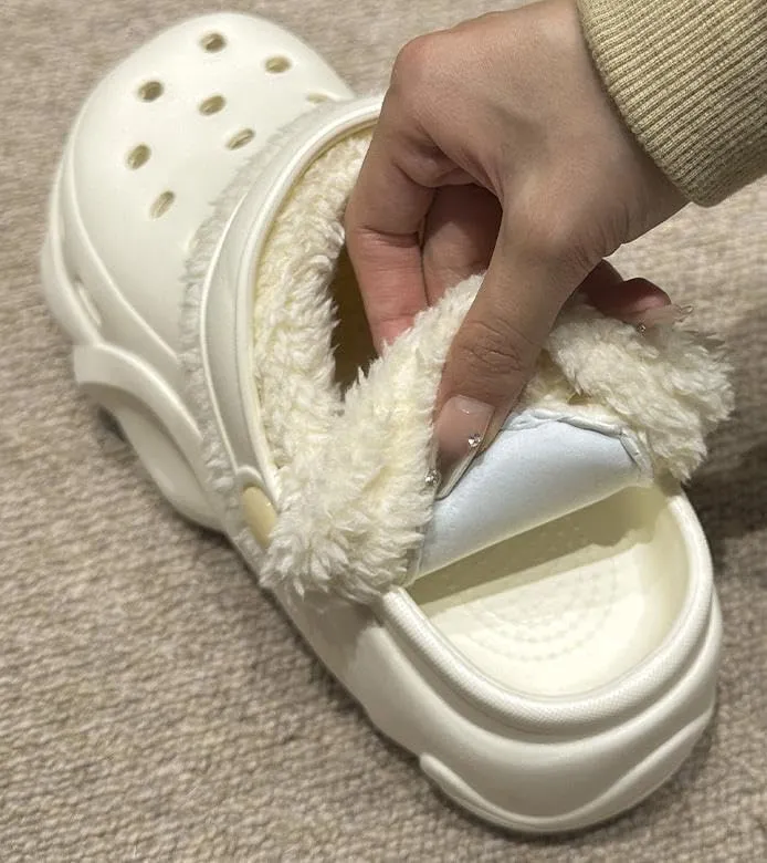 Women's DIY Crystal Bear Platform Lined & Detachable Lined Clogs - Winter Warm Wedge Anti Slip Indoor & Outdoor Comfortable Clogs