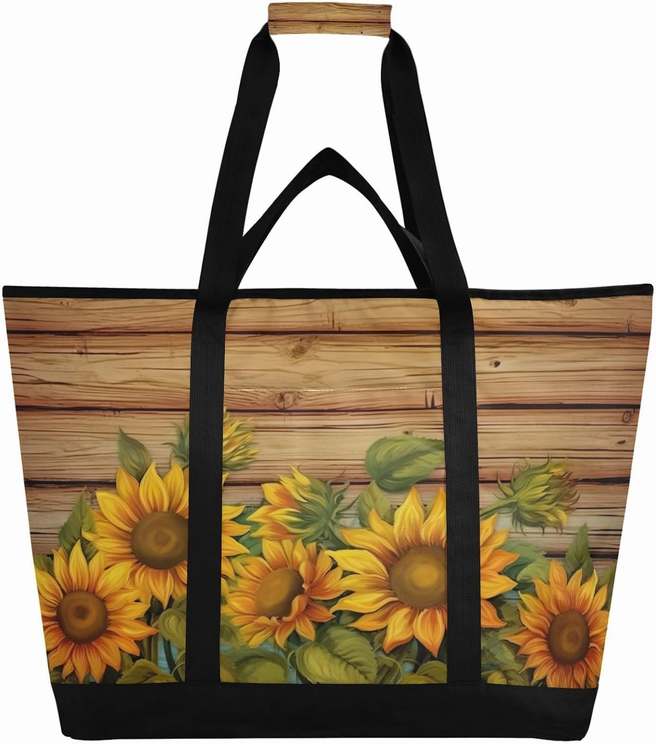 Wood Grain Sunflower Reusable Insulated Lunchbox Cooler Bag, Leakproof Kitchen Grocery Bag Collapsible Portable Cooler Tote Bag for Picnic, Camping, Office, Travel