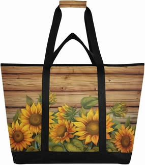 Wood Grain Sunflower Reusable Insulated Lunchbox Cooler Bag, Leakproof Kitchen Grocery Bag Collapsible Portable Cooler Tote Bag for Picnic, Camping, Office, Travel