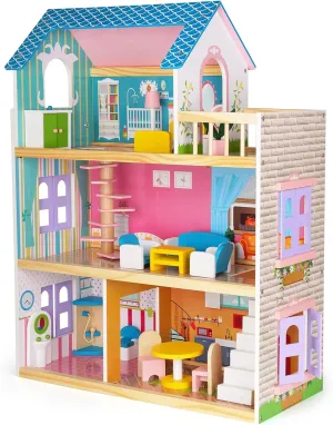 Wooden Dollhouse for Girls Wooden Doll House with Furniture&Accessories, Modern Dollhouse Playset with Wooden Stairs DIY Pretend House Pretend Play Toys Gift for Girl