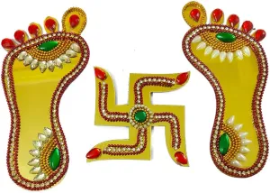Wooden Laxmi Feet Big Size Stickers for Temple Decoration|Door Entrance Stickers Floor Stickers