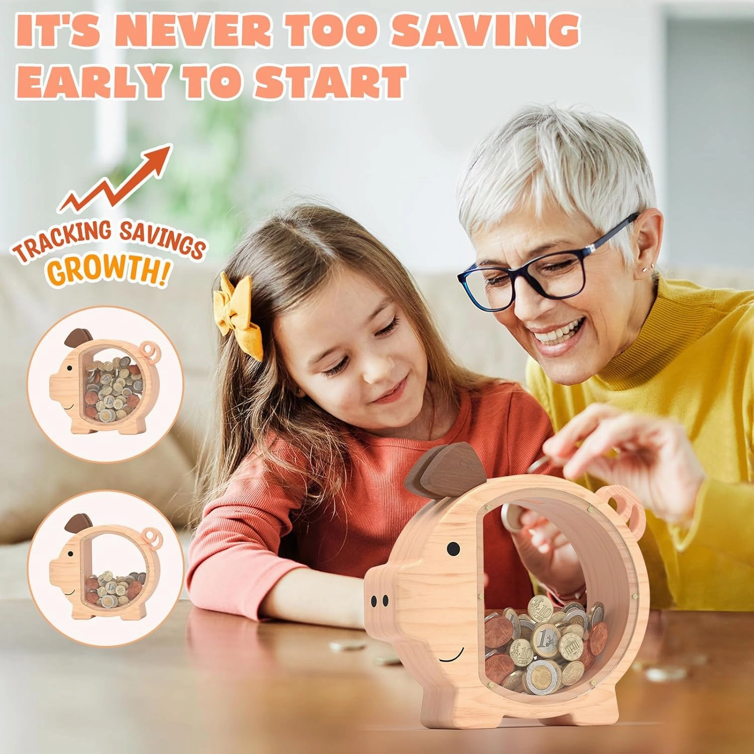 Wooden Piggy Bank for Boys Kids Girls, Clear Large Animal Coin Bank, Unbreakable Wood Money Bank for Toddler Real Money Toy Personalized Present for Child Birthday & Decor