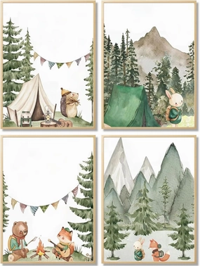Woodland Adventure Nursery Canvas Wall Art Set of 4 Camping Animal Prints BearFox Rabbit Hiking PostersForest Mountain Themed Kids Room PictureNature Exploration Wall Decor Frameless 16x24In ﻿