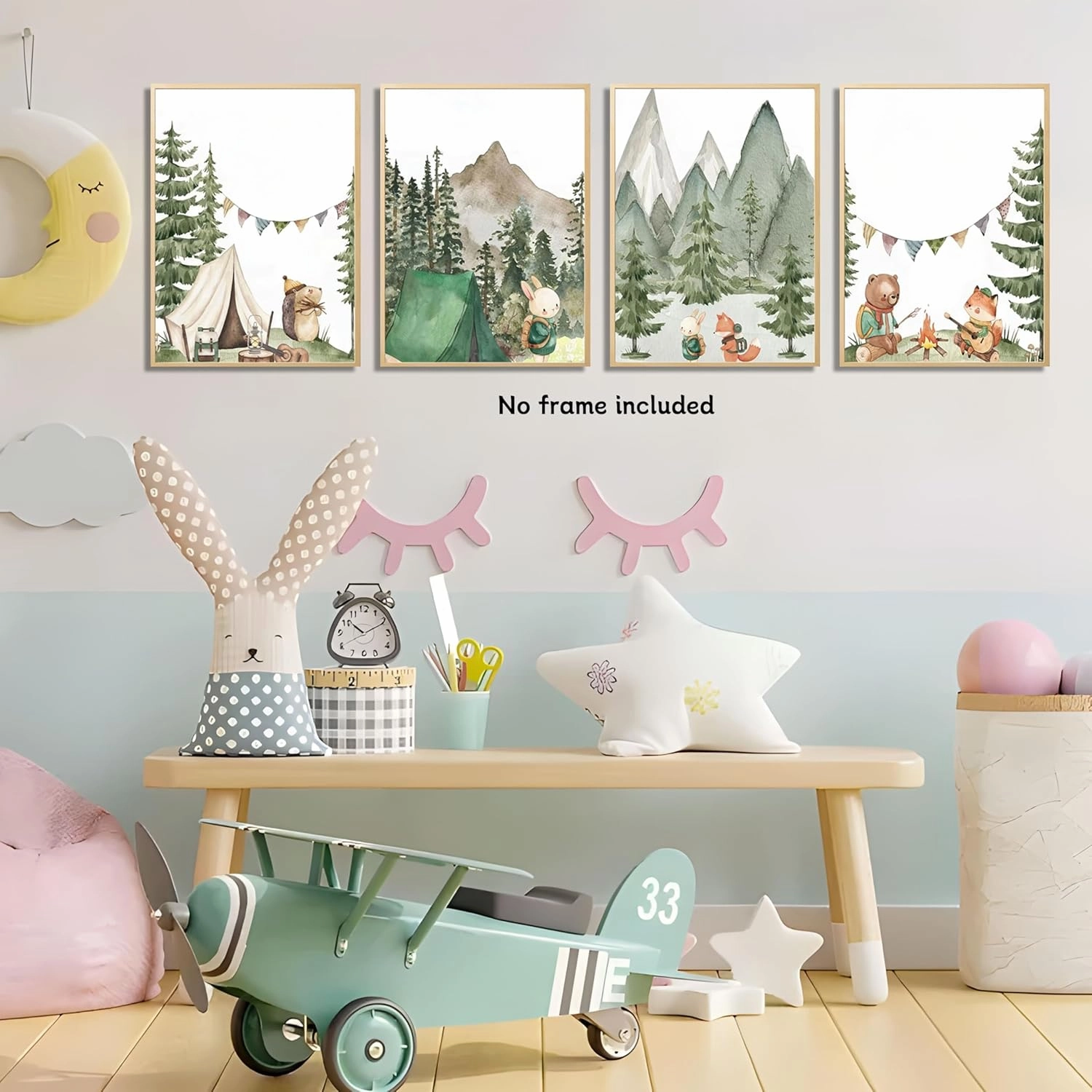 Woodland Adventure Nursery Canvas Wall Art Set of 4 Camping Animal Prints BearFox Rabbit Hiking PostersForest Mountain Themed Kids Room PictureNature Exploration Wall Decor Frameless 16x24In ﻿