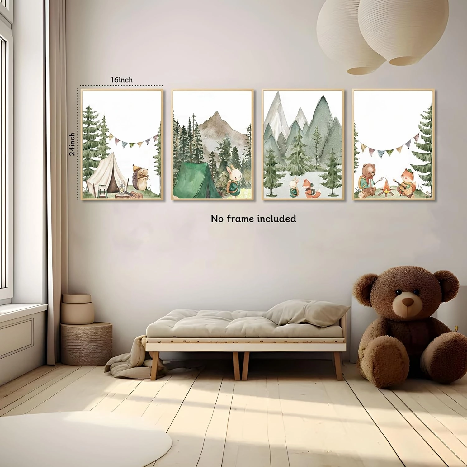 Woodland Adventure Nursery Canvas Wall Art Set of 4 Camping Animal Prints BearFox Rabbit Hiking PostersForest Mountain Themed Kids Room PictureNature Exploration Wall Decor Frameless 16x24In ﻿