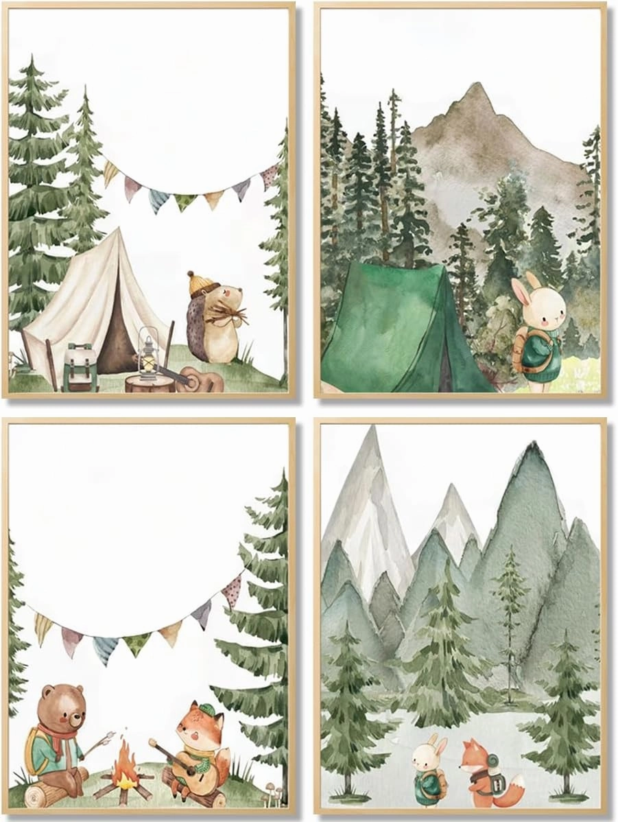 Woodland Adventure Nursery Canvas Wall Art Set of 4 Camping Animal Prints BearFox Rabbit Hiking PostersForest Mountain Themed Kids Room PictureNature Exploration Wall Decor Frameless 16x24In ﻿