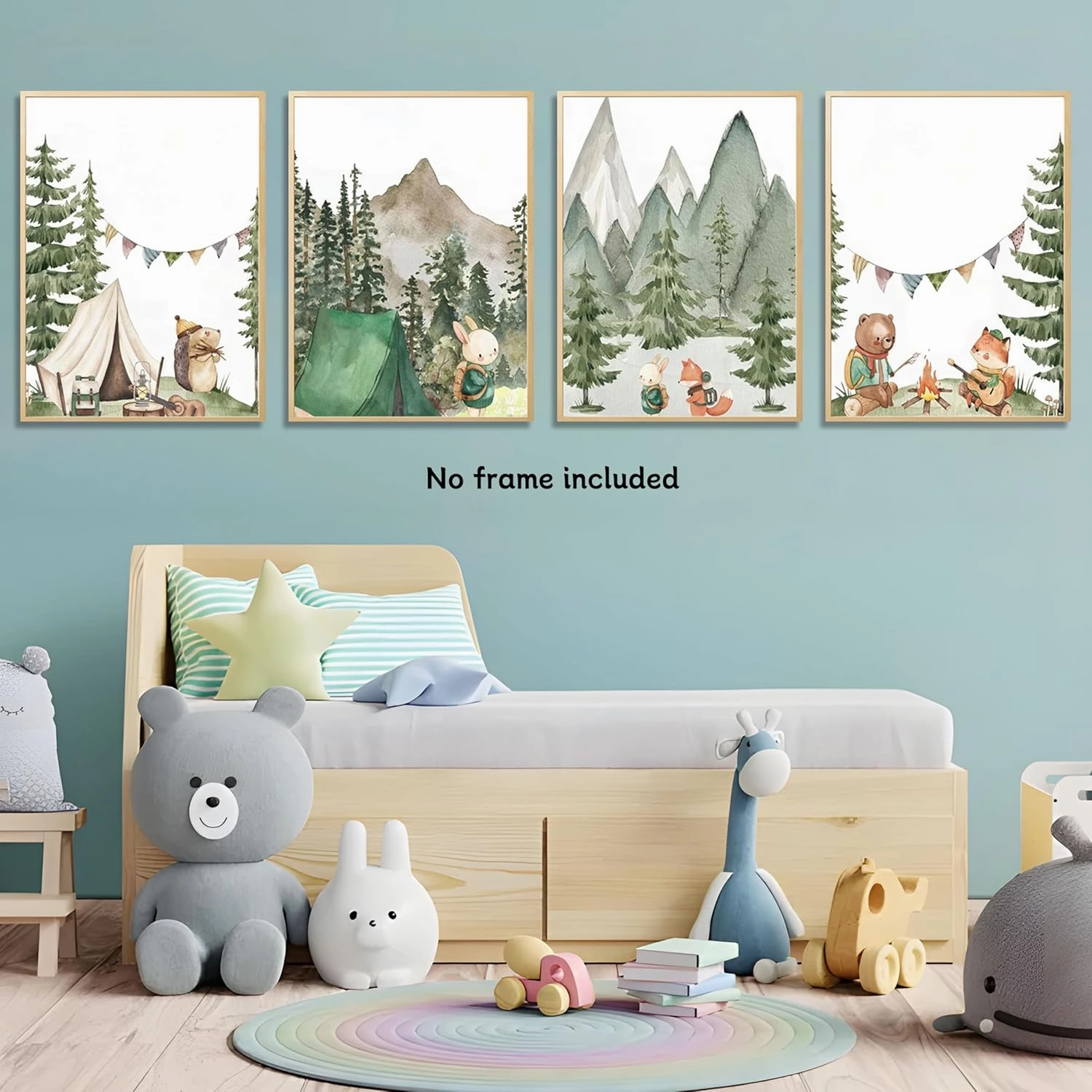 Woodland Adventure Nursery Canvas Wall Art Set of 4 Camping Animal Prints BearFox Rabbit Hiking PostersForest Mountain Themed Kids Room PictureNature Exploration Wall Decor Frameless 16x24In ﻿