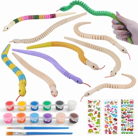 WOWOSS Unfinished Wooden Wiggly Snakes Set - 12 Paintable Wooden Snake Toys with Acrylic Paints, Flexible Crafts for Kids' Party Decorations, Holidays & Birthdays