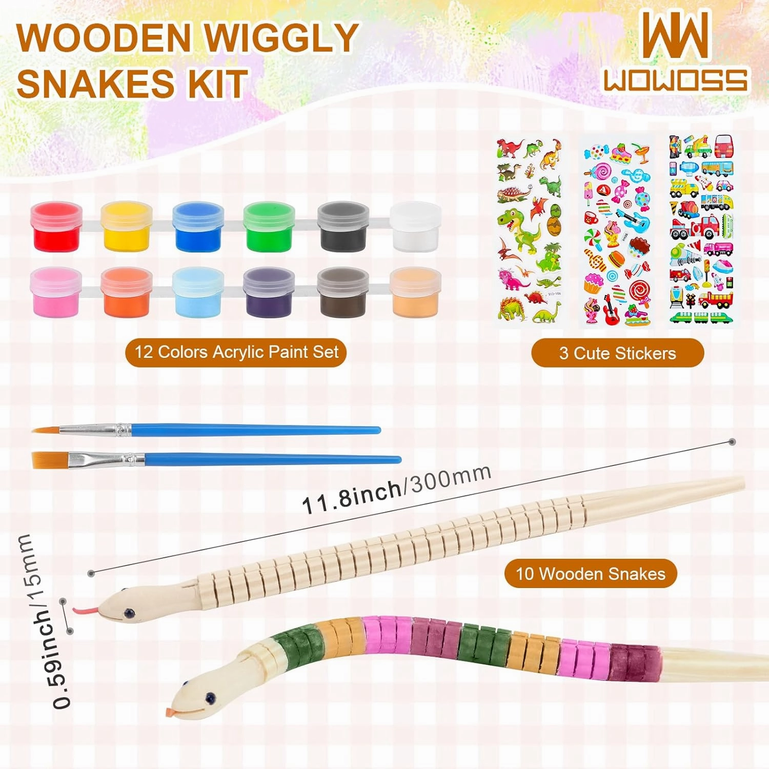 WOWOSS Unfinished Wooden Wiggly Snakes Set - 12 Paintable Wooden Snake Toys with Acrylic Paints, Flexible Crafts for Kids' Party Decorations, Holidays & Birthdays