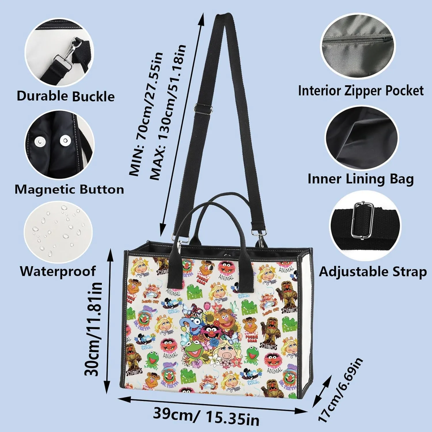 WZMPA Miss Piggy Tote Bag Frog Fans Gift Fozzie Bear & Pepe The Prawn Reusable Shoulder Bag Gonzo & Walter Merch