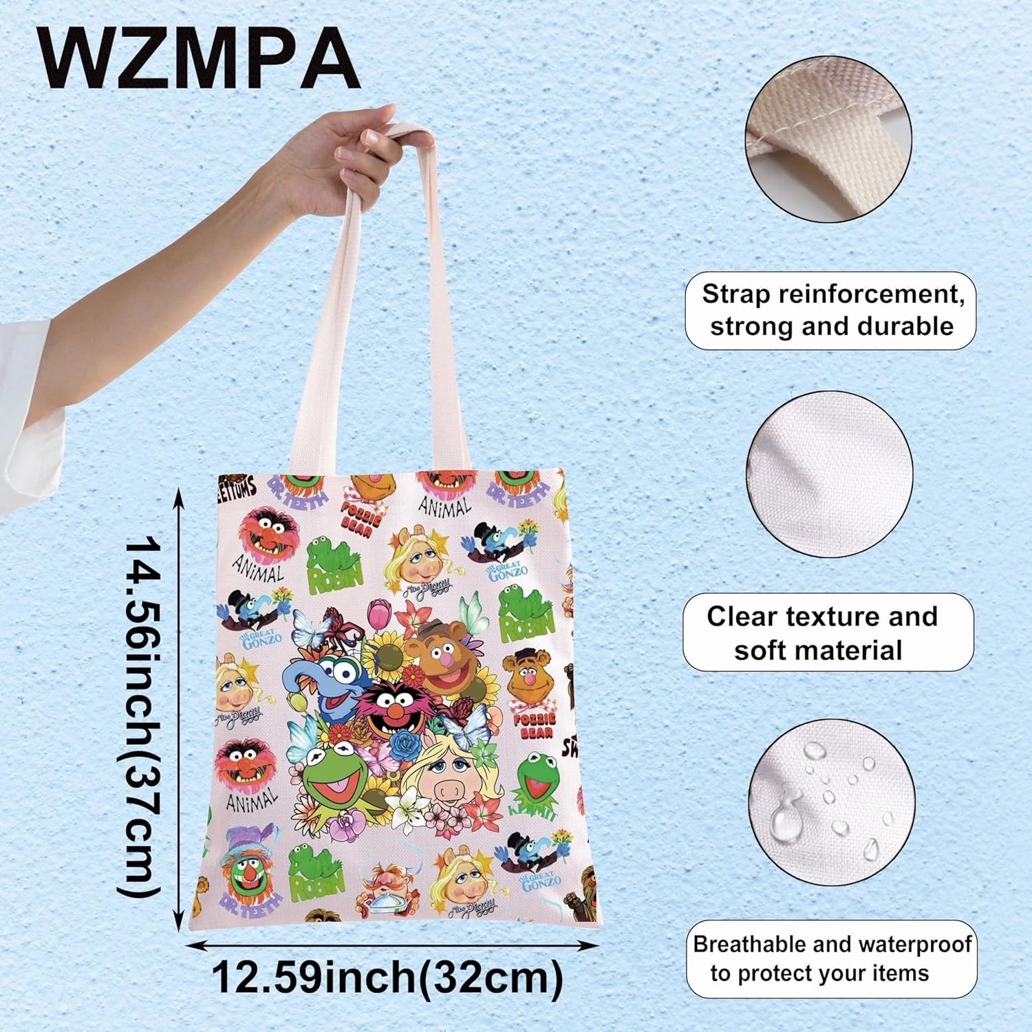 WZMPA Miss Piggy Tote Bag Frog Fans Gift Fozzie Bear & Pepe The Prawn Reusable Shoulder Bag Gonzo & Walter Merch