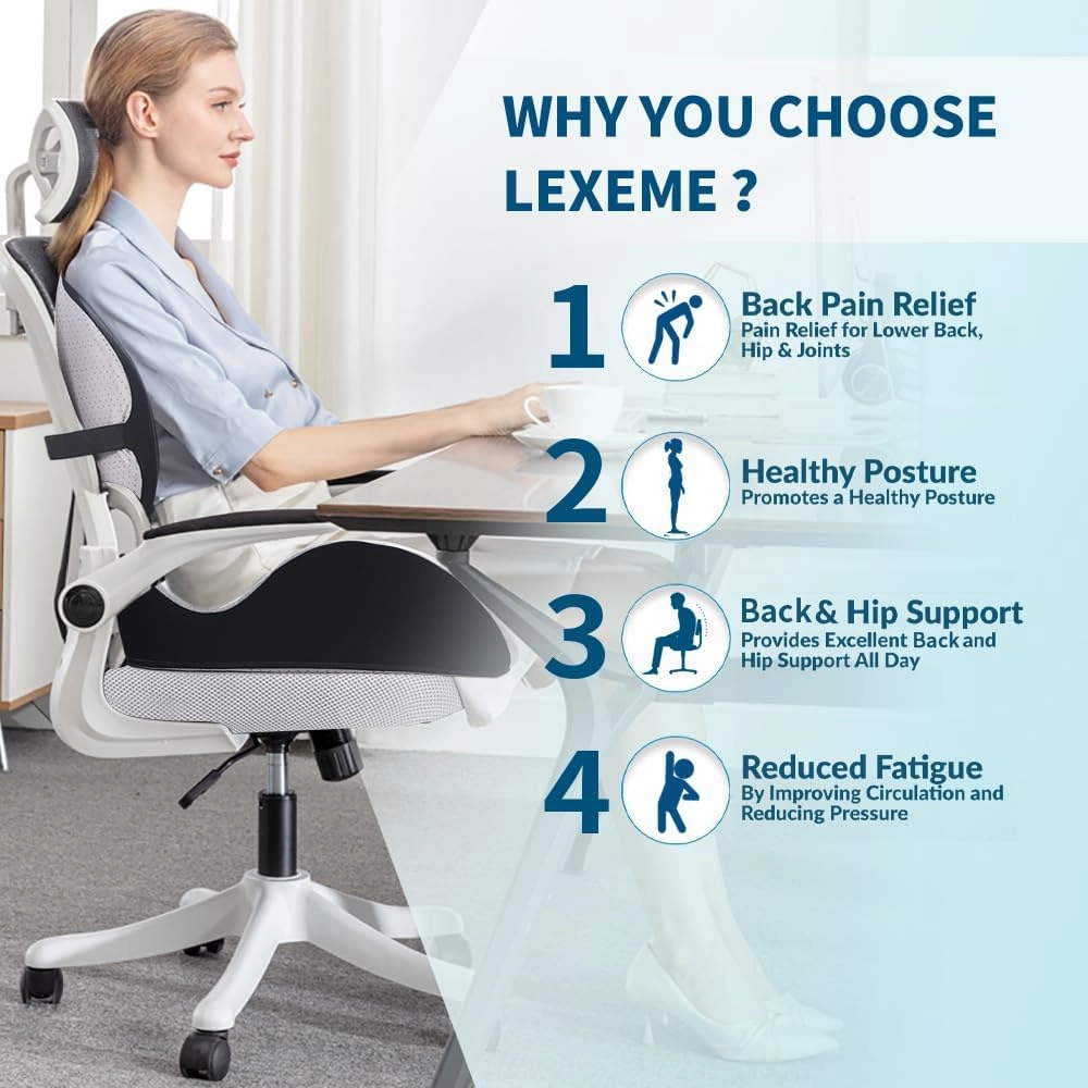 X Large Memory Foam Seat Cushion Lumbar Support Pillow for Sciatica & Tailbone Pressure Relief Coccyx Pad for Office Chair, Car,Wheelchair,Home,Office