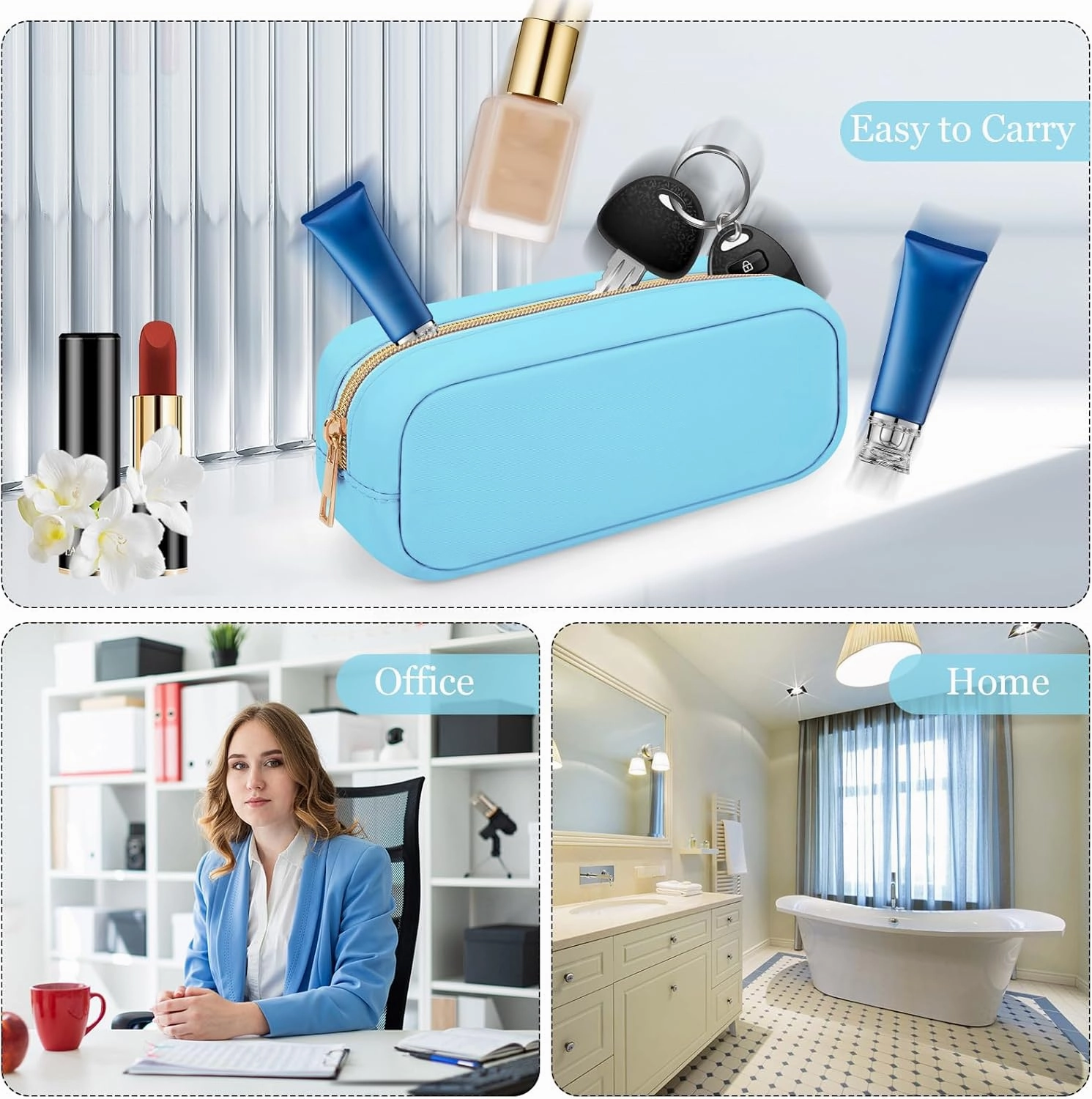 XSUIOY Makeup Bag Travel Bag Pouch for Purse, Cute Preppy Makeup Bag Cosmetic Zipper Pouch Purse Organizer Bag for Women, Waterproof Nylon Coin Pouch Sanitary Napkin Storage Bag for Work(Blue-Small)