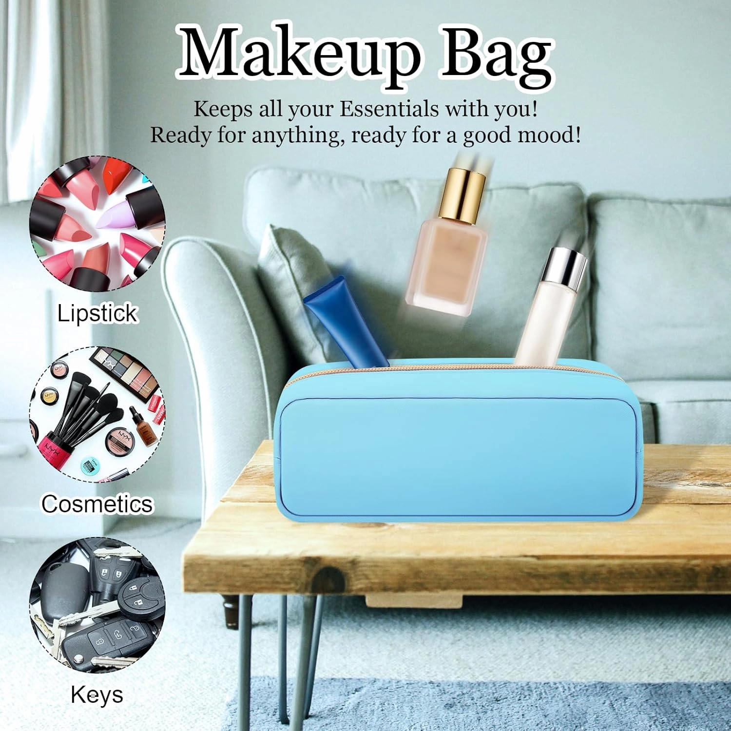XSUIOY Makeup Bag Travel Bag Pouch for Purse, Cute Preppy Makeup Bag Cosmetic Zipper Pouch Purse Organizer Bag for Women, Waterproof Nylon Coin Pouch Sanitary Napkin Storage Bag for Work(Blue-Small)